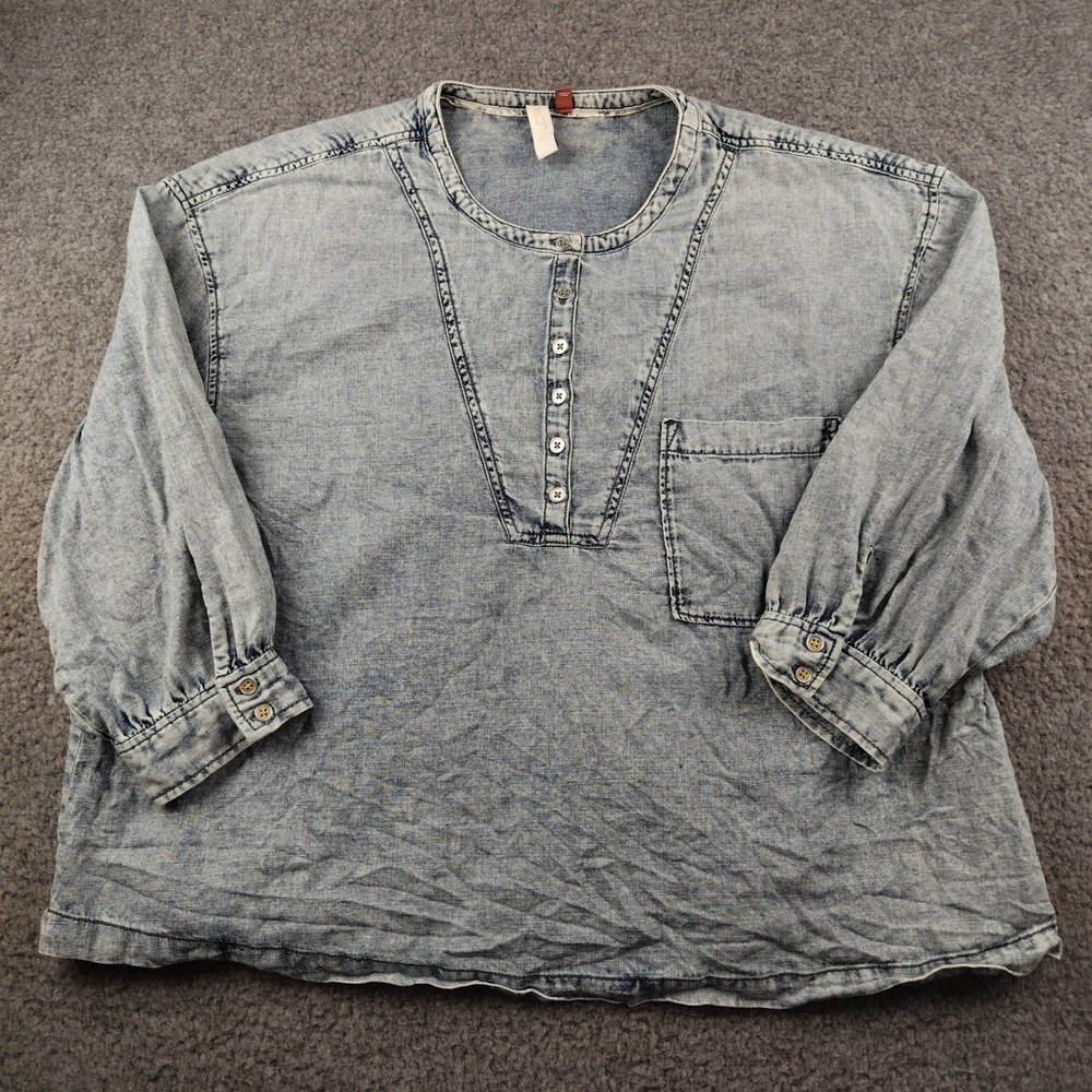 Pilcro Cotton Top Sz Medium Henley Acid Wash Denim Blue EUC